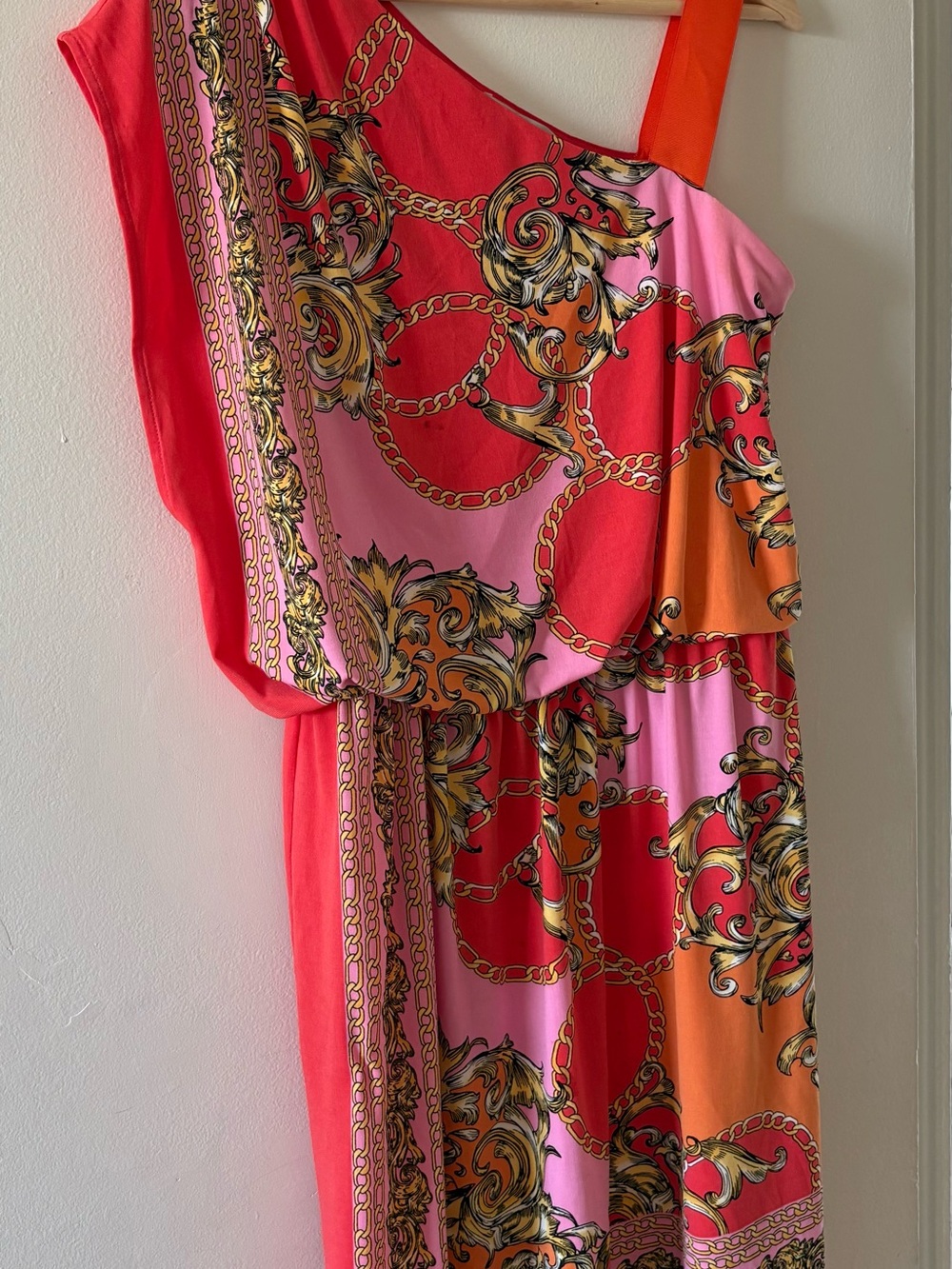 Maggy London One-Shoulder Pink, Coral & Orange Printed Dress